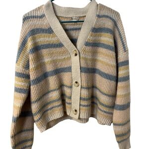 Striped Pastel Button-Up Women Cropped Ribbed Fuzzy Sweater Size Medium